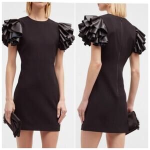 Alice + Olivia Black Eunice Vegan Leather Ruffle-sleeve Mini Dress Size 2 LBD
